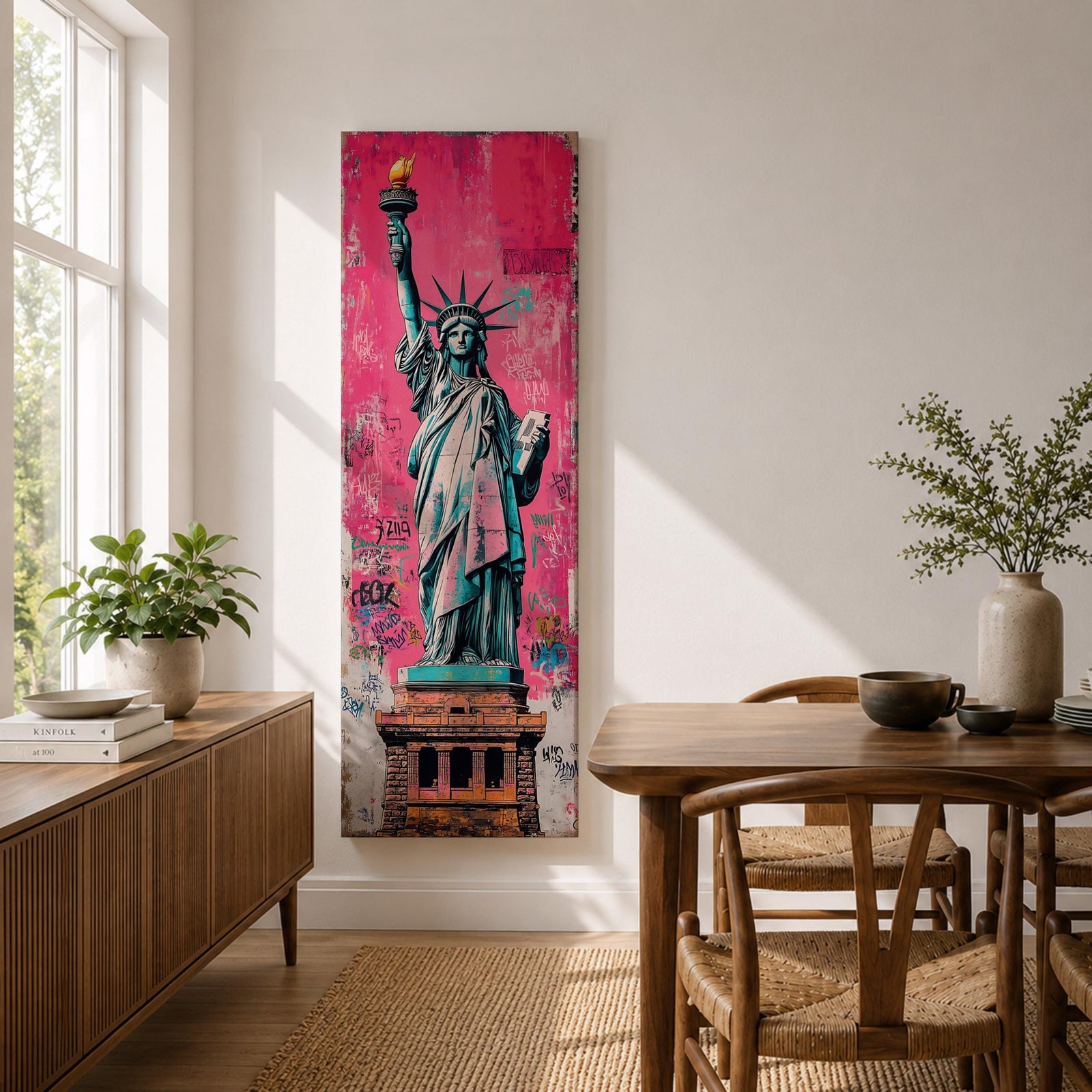 Long vertical street art style painting of the Statue of Liberty standing with torch raised against a vibrant pink graffiti wall. Spray paint textures and layered urban markings surround the monument while bold teal and copper tones highlight the iconic New York landmark.