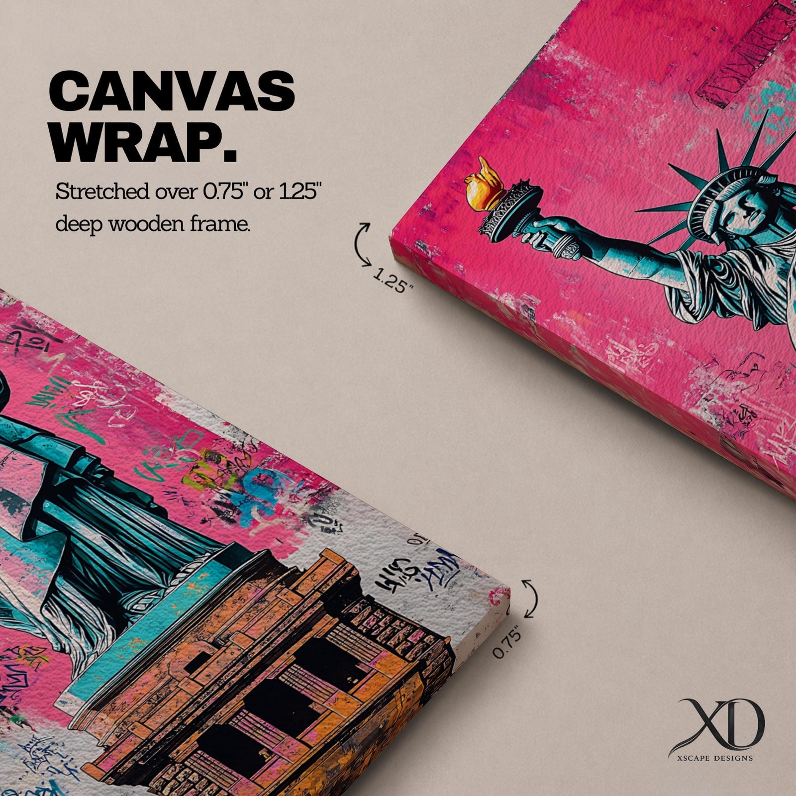 Long vertical street art style painting of the Statue of Liberty standing with torch raised against a vibrant pink graffiti wall. Spray paint textures and layered urban markings surround the monument while bold teal and copper tones highlight the iconic New York landmark.