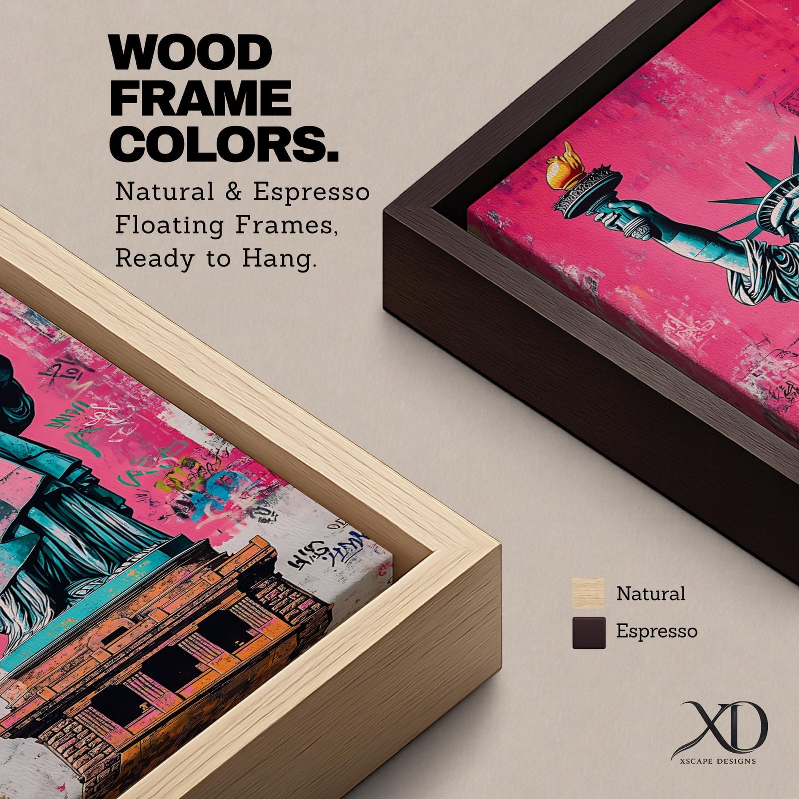 Long vertical street art style painting of the Statue of Liberty standing with torch raised against a vibrant pink graffiti wall. Spray paint textures and layered urban markings surround the monument while bold teal and copper tones highlight the iconic New York landmark.