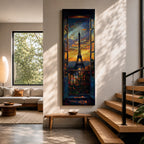 Long vertical painting of the Eiffel Tower seen through an open window with balcony railings and flowers in the foreground. A dramatic sunset sky glows with orange and blue tones above the Paris skyline while expressive brushstrokes create a romantic cityscape composition.