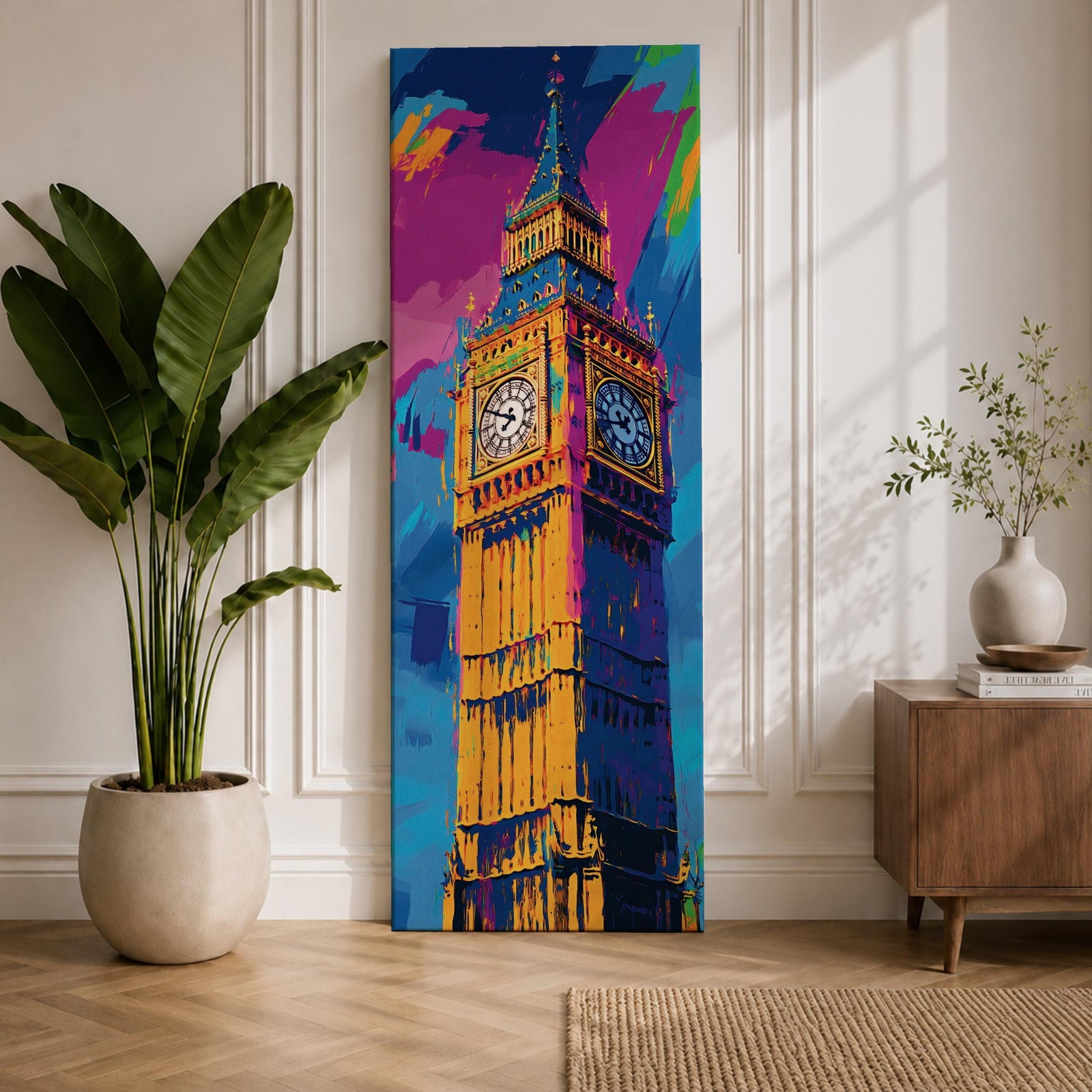 Long vertical colorful painting of Big Ben rising above London with bold expressive brushstrokes in blue pink orange and gold tones. The illuminated clock tower stands prominently against a vibrant abstract sky creating a striking modern city landmark composition.