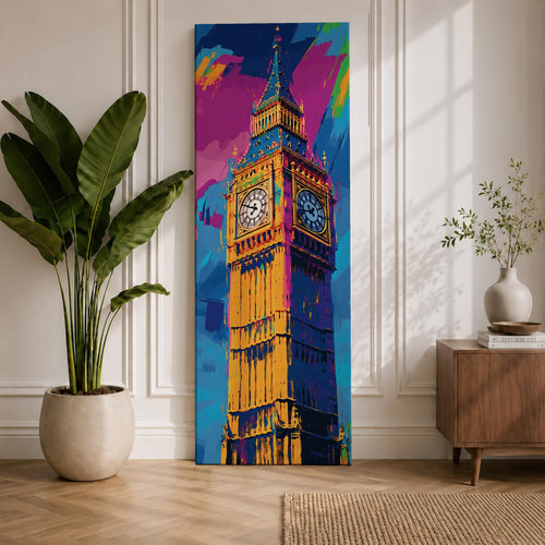 Long vertical colorful painting of Big Ben rising above London with bold expressive brushstrokes in blue pink orange and gold tones. The illuminated clock tower stands prominently against a vibrant abstract sky creating a striking modern city landmark composition.