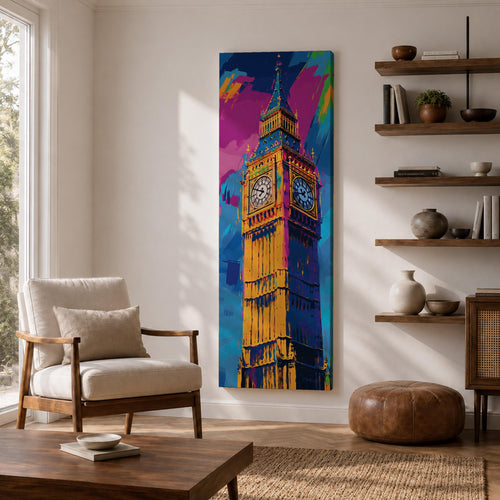 Long vertical colorful painting of Big Ben rising above London with bold expressive brushstrokes in blue pink orange and gold tones. The illuminated clock tower stands prominently against a vibrant abstract sky creating a striking modern city landmark composition.