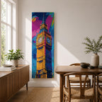 Long vertical colorful painting of Big Ben rising above London with bold expressive brushstrokes in blue pink orange and gold tones. The illuminated clock tower stands prominently against a vibrant abstract sky creating a striking modern city landmark composition.