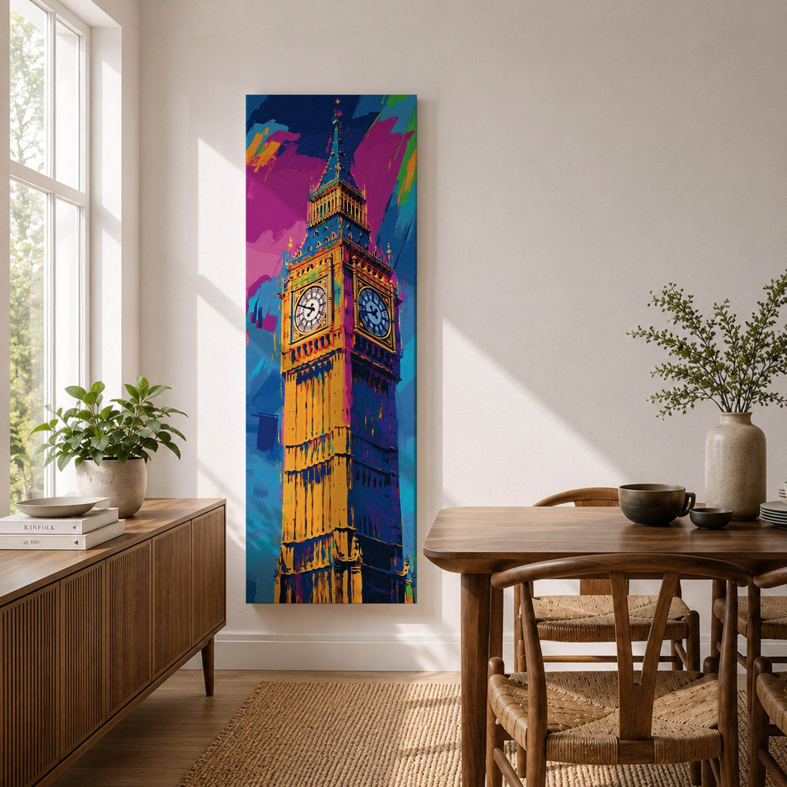 Long vertical colorful painting of Big Ben rising above London with bold expressive brushstrokes in blue pink orange and gold tones. The illuminated clock tower stands prominently against a vibrant abstract sky creating a striking modern city landmark composition.