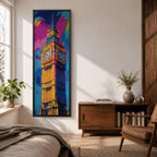 Long vertical colorful painting of Big Ben rising above London with bold expressive brushstrokes in blue pink orange and gold tones. The illuminated clock tower stands prominently against a vibrant abstract sky creating a striking modern city landmark composition.