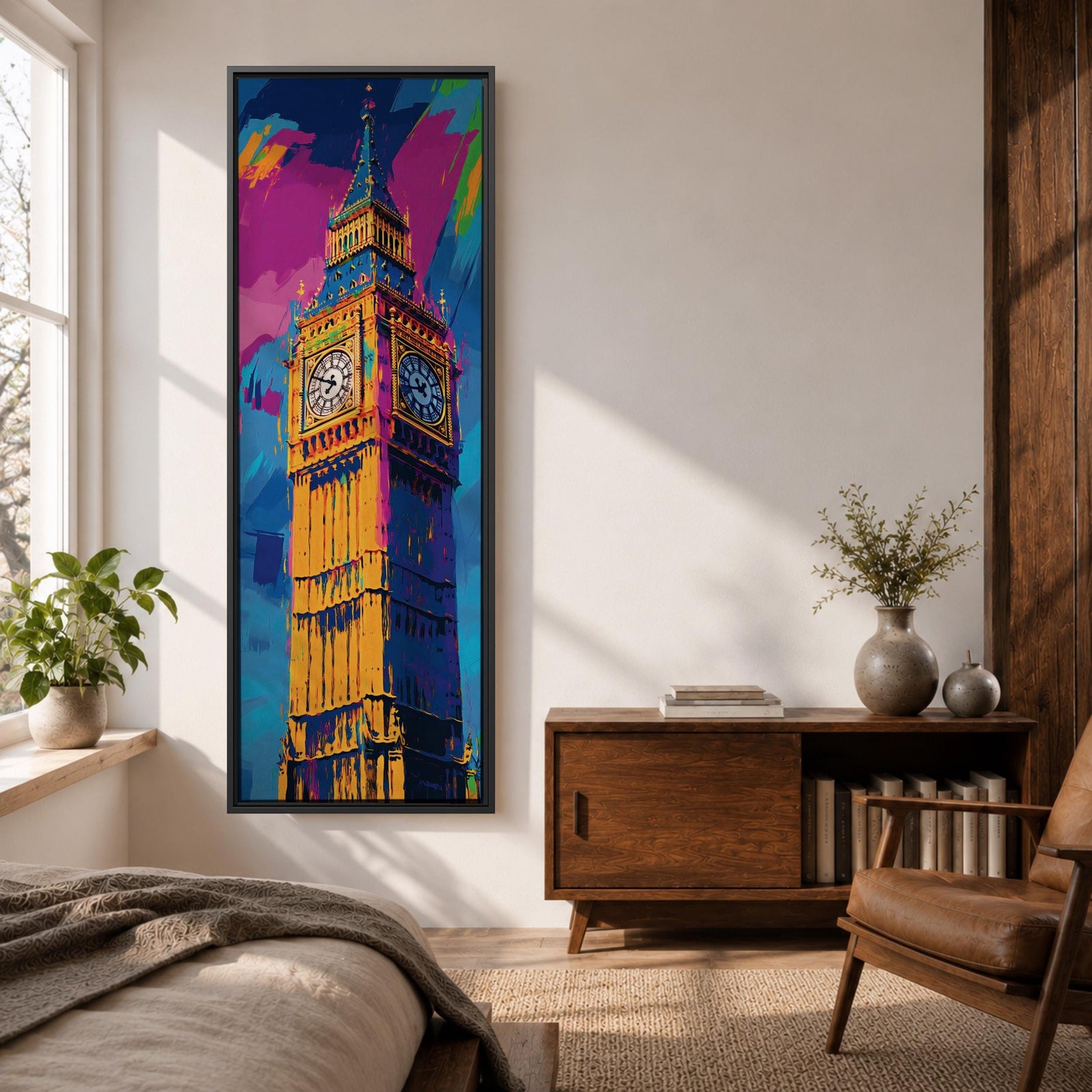 Long vertical colorful painting of Big Ben rising above London with bold expressive brushstrokes in blue pink orange and gold tones. The illuminated clock tower stands prominently against a vibrant abstract sky creating a striking modern city landmark composition.