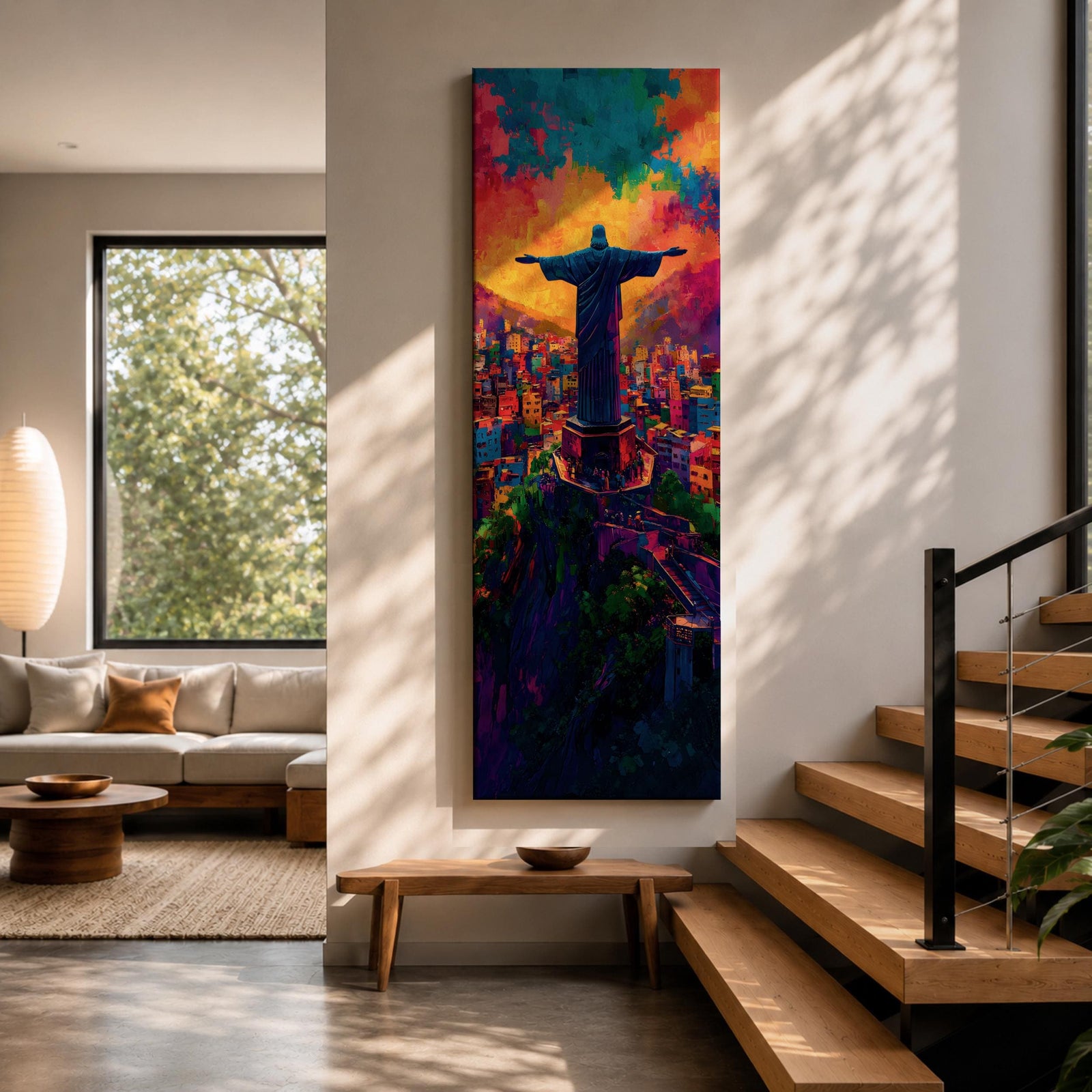 A tall vertical painting depicts Christ the Redeemer with arms outstretched overlooking a vibrant cityscape, rendered in bold expressive colors of orange, blue, pink, and purple, with textured brushstrokes and a glowing sky above, capturing a dynamic modern interpretation of the iconic statue set against a lively urban landscape.
