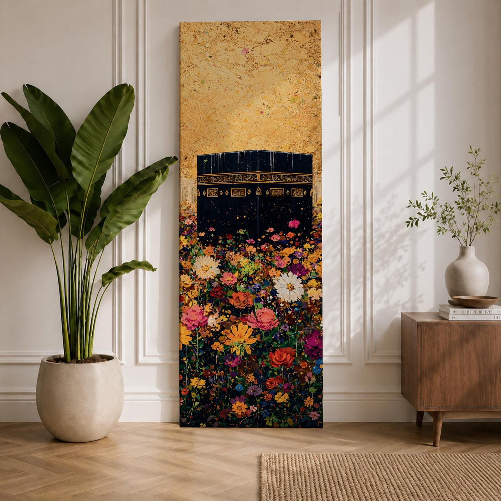 A tall narrow vertical artwork depicting the Kaaba in Mecca rising above a dense field of vibrant multicolored flowers, with rich gold tones in the sky and intricate detailing on the sacred structure, blending bold color contrasts with a long vertical composition that draws the eye upward in a striking and expressive style.