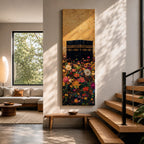 A tall narrow vertical artwork depicting the Kaaba in Mecca rising above a dense field of vibrant multicolored flowers, with rich gold tones in the sky and intricate detailing on the sacred structure, blending bold color contrasts with a long vertical composition that draws the eye upward in a striking and expressive style.