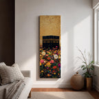 A tall narrow vertical artwork depicting the Kaaba in Mecca rising above a dense field of vibrant multicolored flowers, with rich gold tones in the sky and intricate detailing on the sacred structure, blending bold color contrasts with a long vertical composition that draws the eye upward in a striking and expressive style.