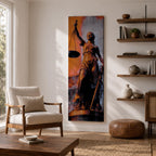 A tall vertical artwork depicts Lady Justice as a classical statue, blindfolded and holding balanced scales in one hand and a sword in the other, rendered in warm bronze tones against a textured background of muted gray and deep orange, with dramatic lighting enhancing the sculptural form and symbolic presence.