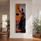 A tall vertical artwork depicts Lady Justice as a classical statue, blindfolded and holding balanced scales in one hand and a sword in the other, rendered in warm bronze tones against a textured background of muted gray and deep orange, with dramatic lighting enhancing the sculptural form and symbolic presence.