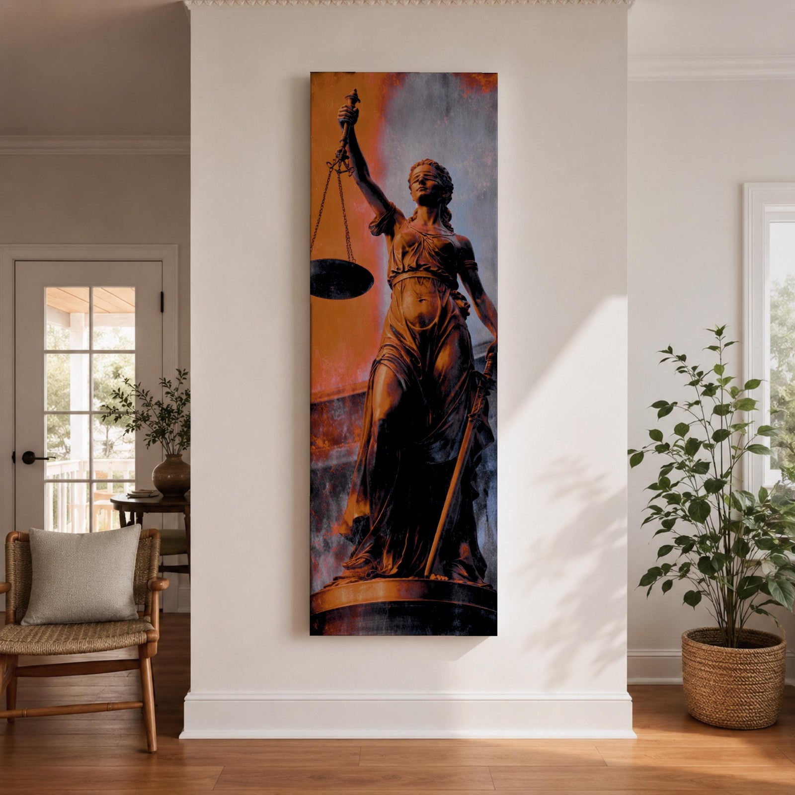 A tall vertical artwork depicts Lady Justice as a classical statue, blindfolded and holding balanced scales in one hand and a sword in the other, rendered in warm bronze tones against a textured background of muted gray and deep orange, with dramatic lighting enhancing the sculptural form and symbolic presence.