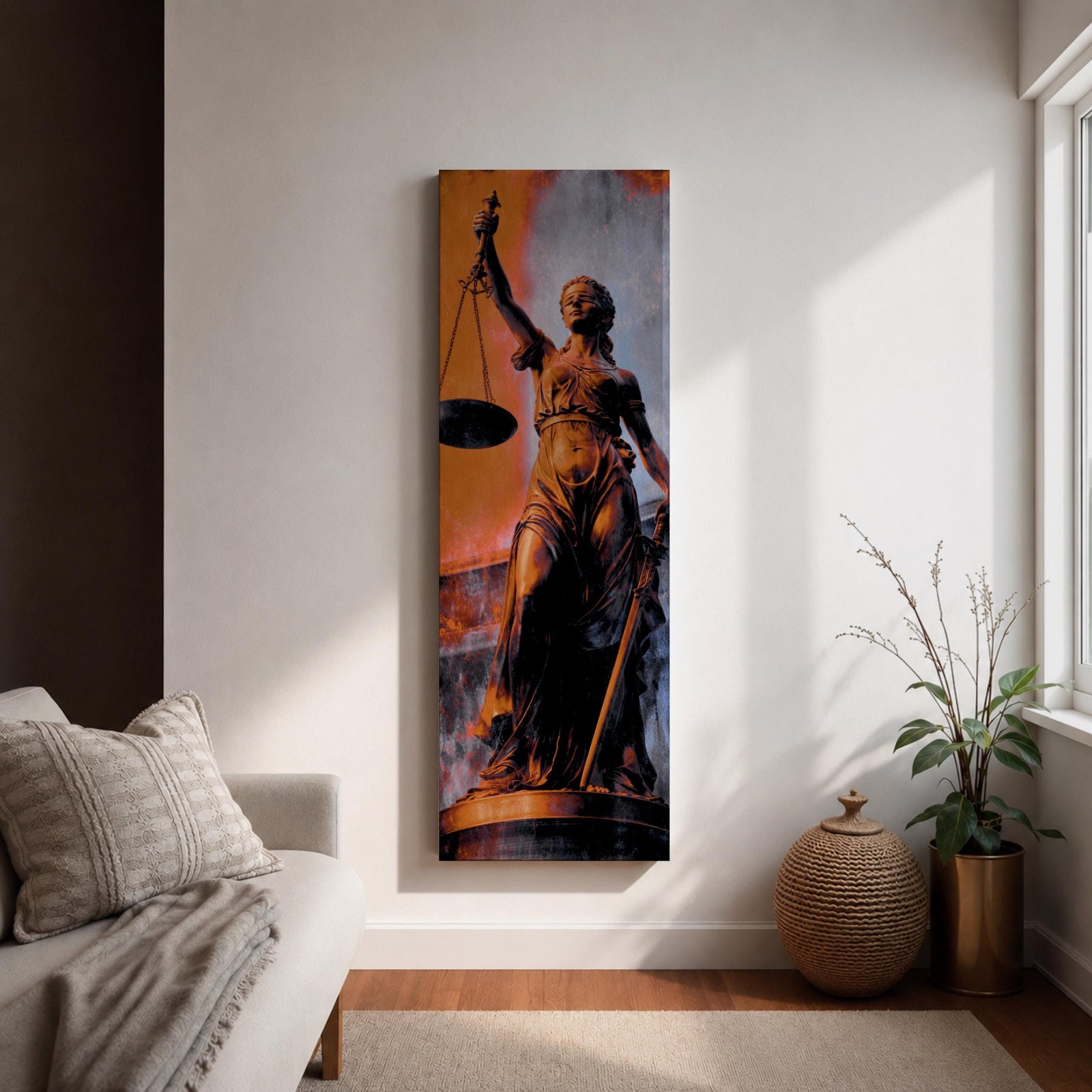 A tall vertical artwork depicts Lady Justice as a classical statue, blindfolded and holding balanced scales in one hand and a sword in the other, rendered in warm bronze tones against a textured background of muted gray and deep orange, with dramatic lighting enhancing the sculptural form and symbolic presence.