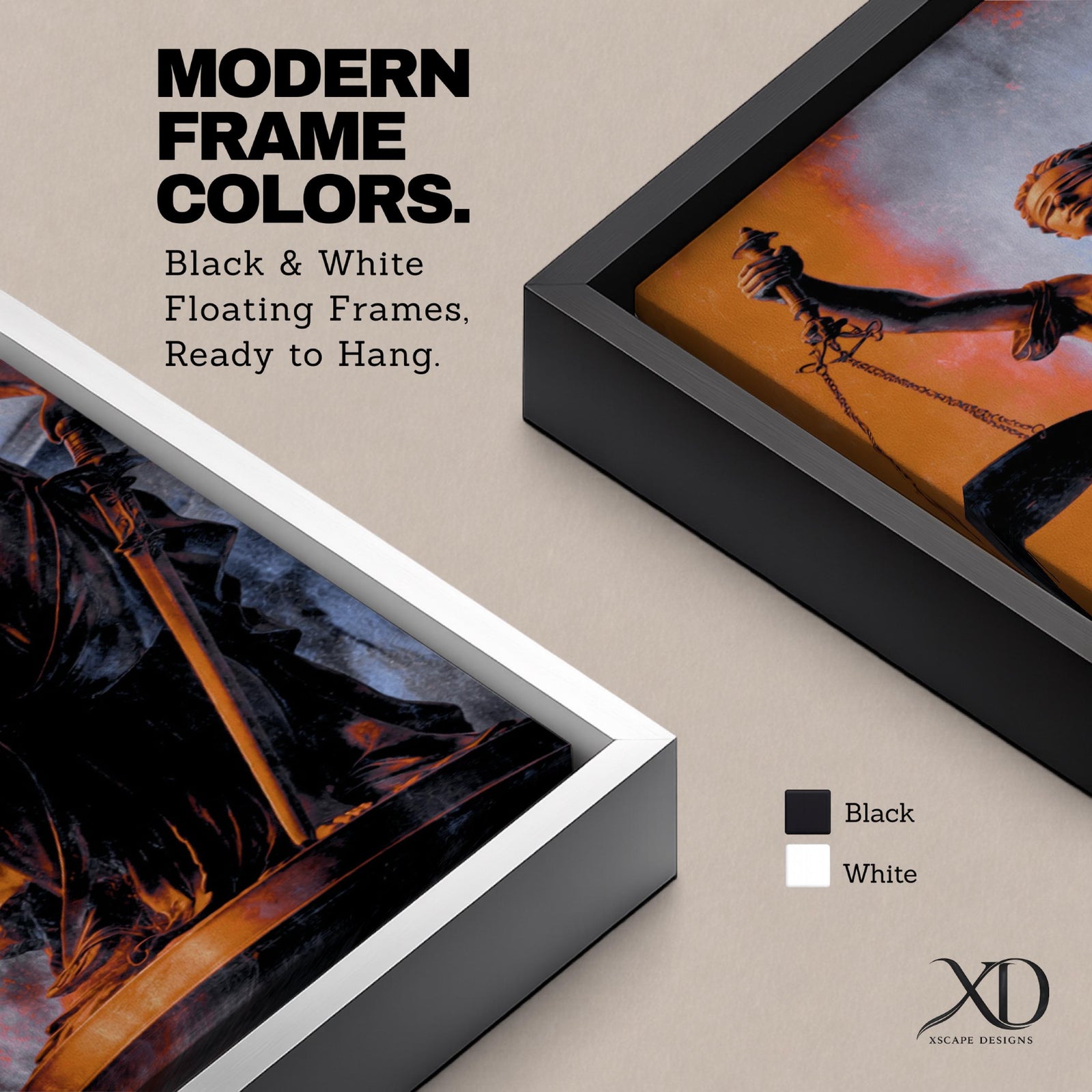 A tall vertical artwork depicts Lady Justice as a classical statue, blindfolded and holding balanced scales in one hand and a sword in the other, rendered in warm bronze tones against a textured background of muted gray and deep orange, with dramatic lighting enhancing the sculptural form and symbolic presence.