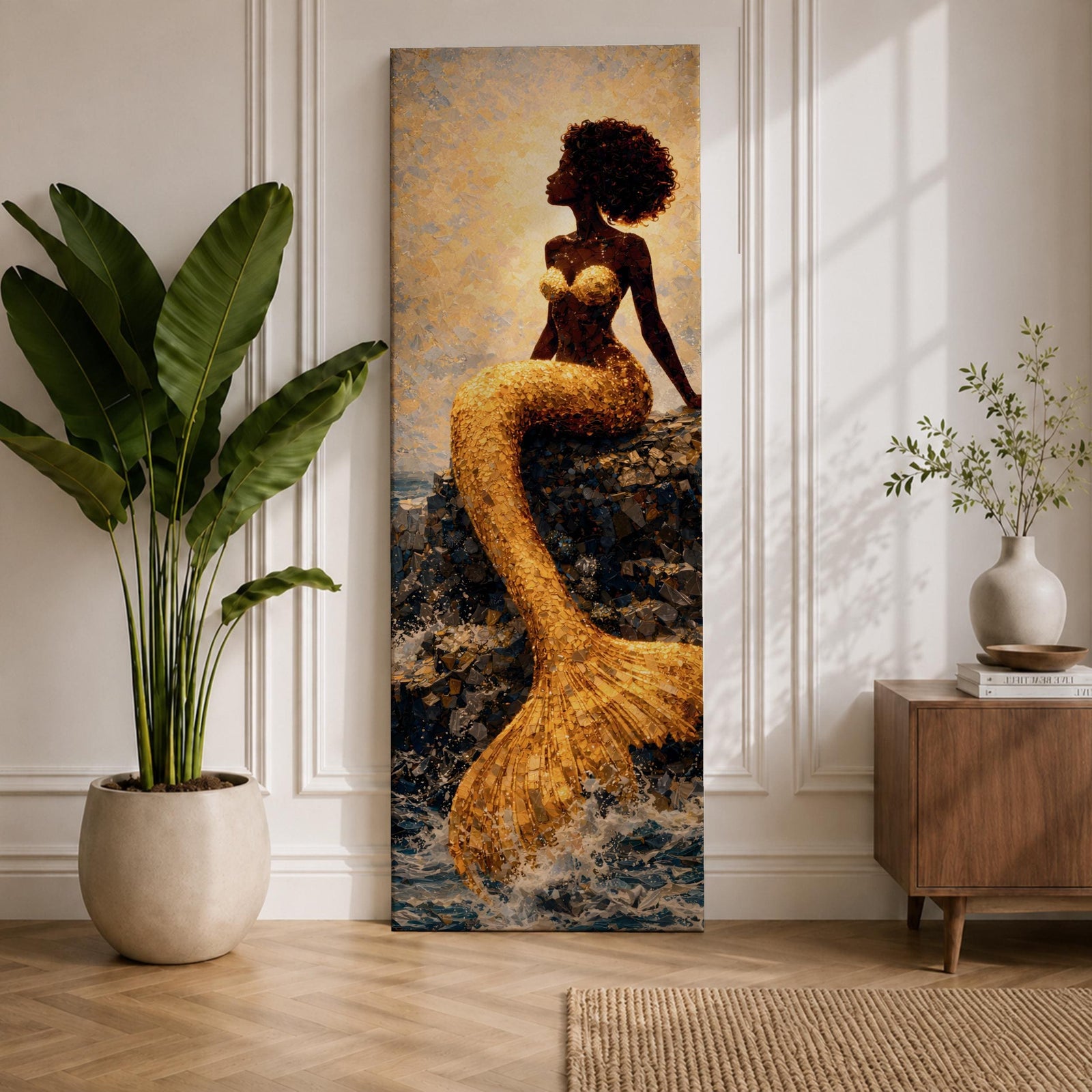 A tall narrow vertical depiction of a Black mermaid with a natural afro hairstyle seated on rocky shoreline, her shimmering gold tail cascading downward into the water, rendered with textured tile like detail and warm light reflecting across her form, creating a bold composition with contrast, depth, and coastal atmosphere.