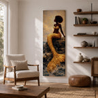 A tall narrow vertical depiction of a Black mermaid with a natural afro hairstyle seated on rocky shoreline, her shimmering gold tail cascading downward into the water, rendered with textured tile like detail and warm light reflecting across her form, creating a bold composition with contrast, depth, and coastal atmosphere.