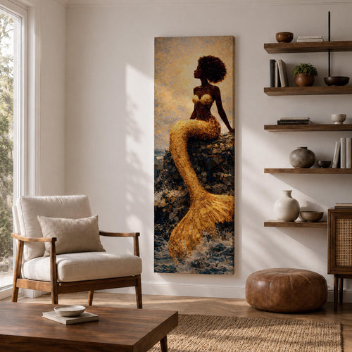 A tall narrow vertical depiction of a Black mermaid with a natural afro hairstyle seated on rocky shoreline, her shimmering gold tail cascading downward into the water, rendered with textured tile like detail and warm light reflecting across her form, creating a bold composition with contrast, depth, and coastal atmosphere.