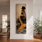 A tall narrow vertical depiction of a Black mermaid with a natural afro hairstyle seated on rocky shoreline, her shimmering gold tail cascading downward into the water, rendered with textured tile like detail and warm light reflecting across her form, creating a bold composition with contrast, depth, and coastal atmosphere.