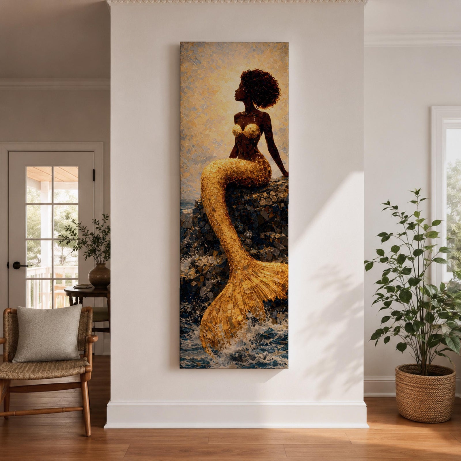 A tall narrow vertical depiction of a Black mermaid with a natural afro hairstyle seated on rocky shoreline, her shimmering gold tail cascading downward into the water, rendered with textured tile like detail and warm light reflecting across her form, creating a bold composition with contrast, depth, and coastal atmosphere.