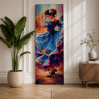 A tall narrow vertical depiction of a flamenco dancer mid movement, wearing a flowing blue dress with layered ruffles that swirl outward, her arm raised gracefully and head turned downward, rendered with expressive brushwork and rich warm tones that create motion, rhythm, and a dynamic sense of dance.