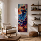 A tall narrow vertical depiction of a flamenco dancer mid movement, wearing a flowing blue dress with layered ruffles that swirl outward, her arm raised gracefully and head turned downward, rendered with expressive brushwork and rich warm tones that create motion, rhythm, and a dynamic sense of dance.