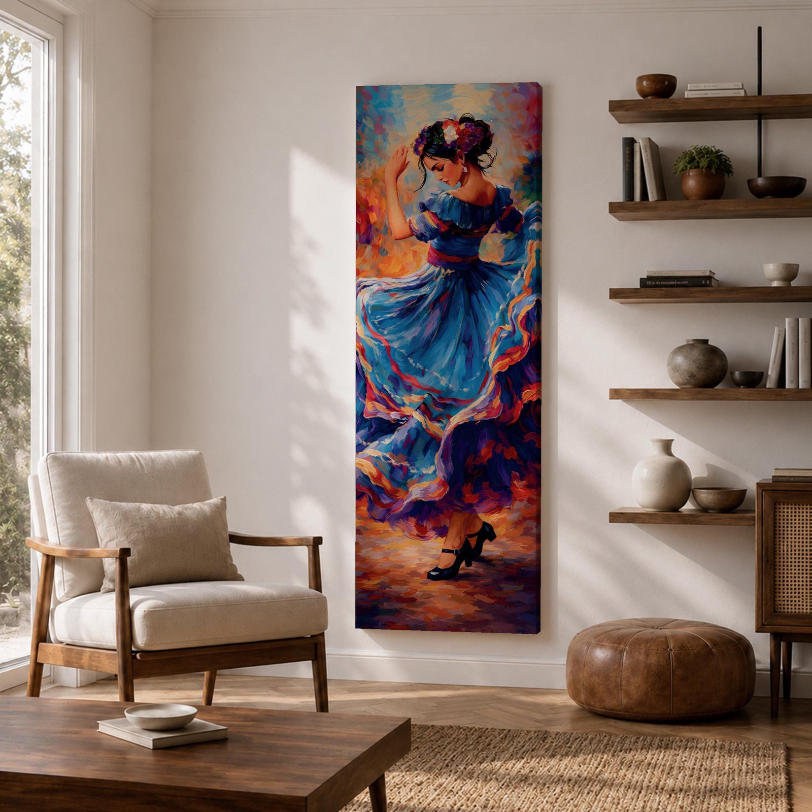 A tall narrow vertical depiction of a flamenco dancer mid movement, wearing a flowing blue dress with layered ruffles that swirl outward, her arm raised gracefully and head turned downward, rendered with expressive brushwork and rich warm tones that create motion, rhythm, and a dynamic sense of dance.