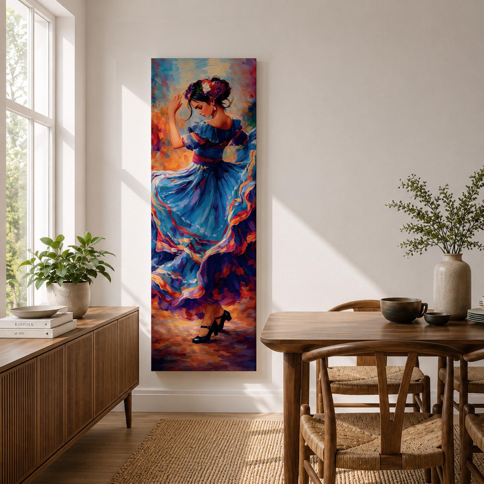 A tall narrow vertical depiction of a flamenco dancer mid movement, wearing a flowing blue dress with layered ruffles that swirl outward, her arm raised gracefully and head turned downward, rendered with expressive brushwork and rich warm tones that create motion, rhythm, and a dynamic sense of dance.