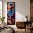 A tall narrow vertical depiction of a flamenco dancer mid movement, wearing a flowing blue dress with layered ruffles that swirl outward, her arm raised gracefully and head turned downward, rendered with expressive brushwork and rich warm tones that create motion, rhythm, and a dynamic sense of dance.