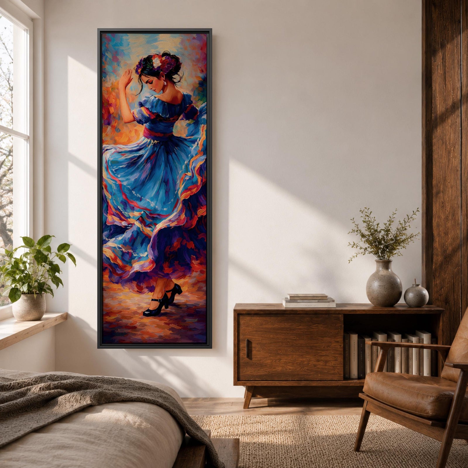 A tall narrow vertical depiction of a flamenco dancer mid movement, wearing a flowing blue dress with layered ruffles that swirl outward, her arm raised gracefully and head turned downward, rendered with expressive brushwork and rich warm tones that create motion, rhythm, and a dynamic sense of dance.