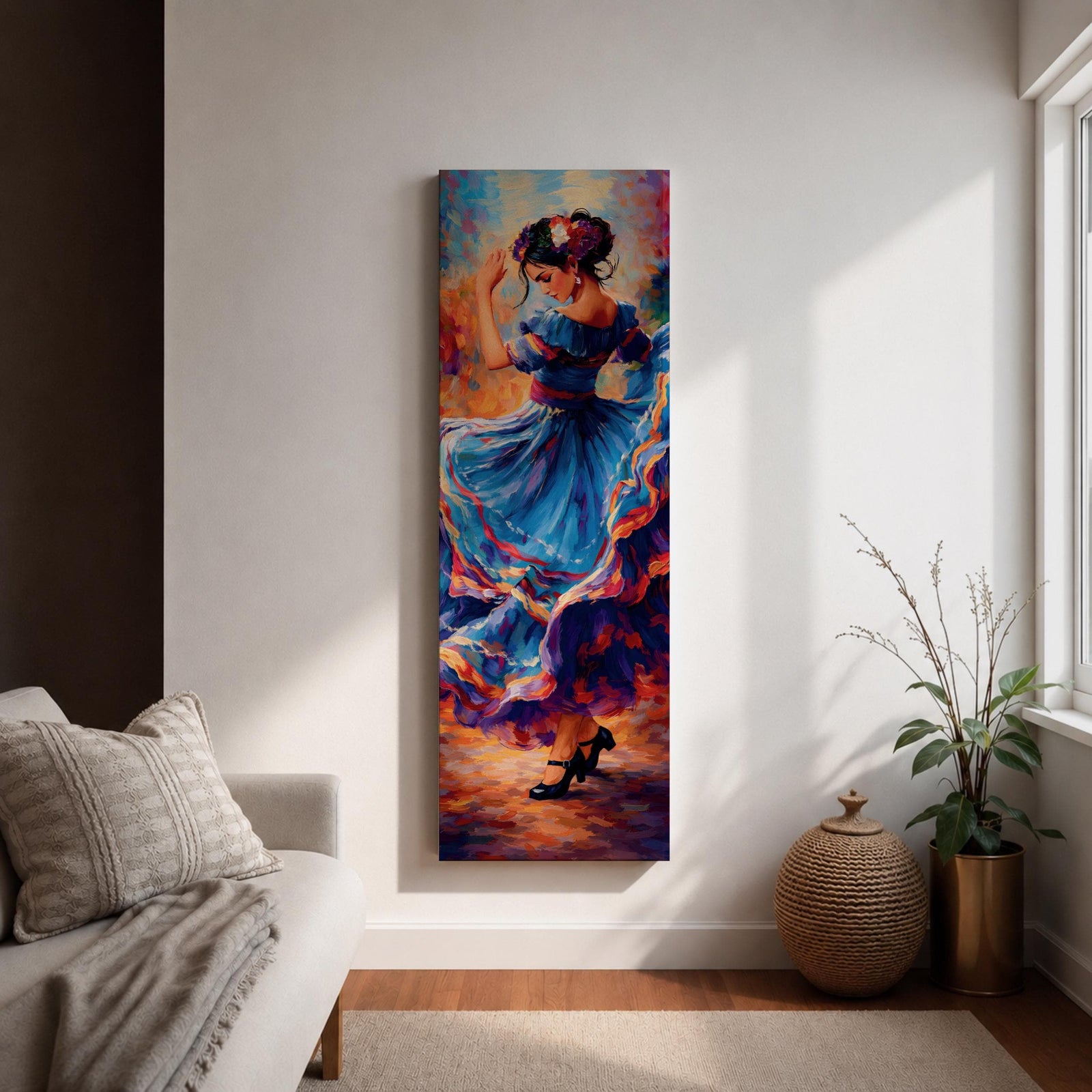 A tall narrow vertical depiction of a flamenco dancer mid movement, wearing a flowing blue dress with layered ruffles that swirl outward, her arm raised gracefully and head turned downward, rendered with expressive brushwork and rich warm tones that create motion, rhythm, and a dynamic sense of dance.