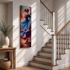 A tall narrow vertical depiction of a flamenco dancer mid movement, wearing a flowing blue dress with layered ruffles that swirl outward, her arm raised gracefully and head turned downward, rendered with expressive brushwork and rich warm tones that create motion, rhythm, and a dynamic sense of dance.