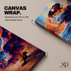 A tall narrow vertical depiction of a flamenco dancer mid movement, wearing a flowing blue dress with layered ruffles that swirl outward, her arm raised gracefully and head turned downward, rendered with expressive brushwork and rich warm tones that create motion, rhythm, and a dynamic sense of dance.