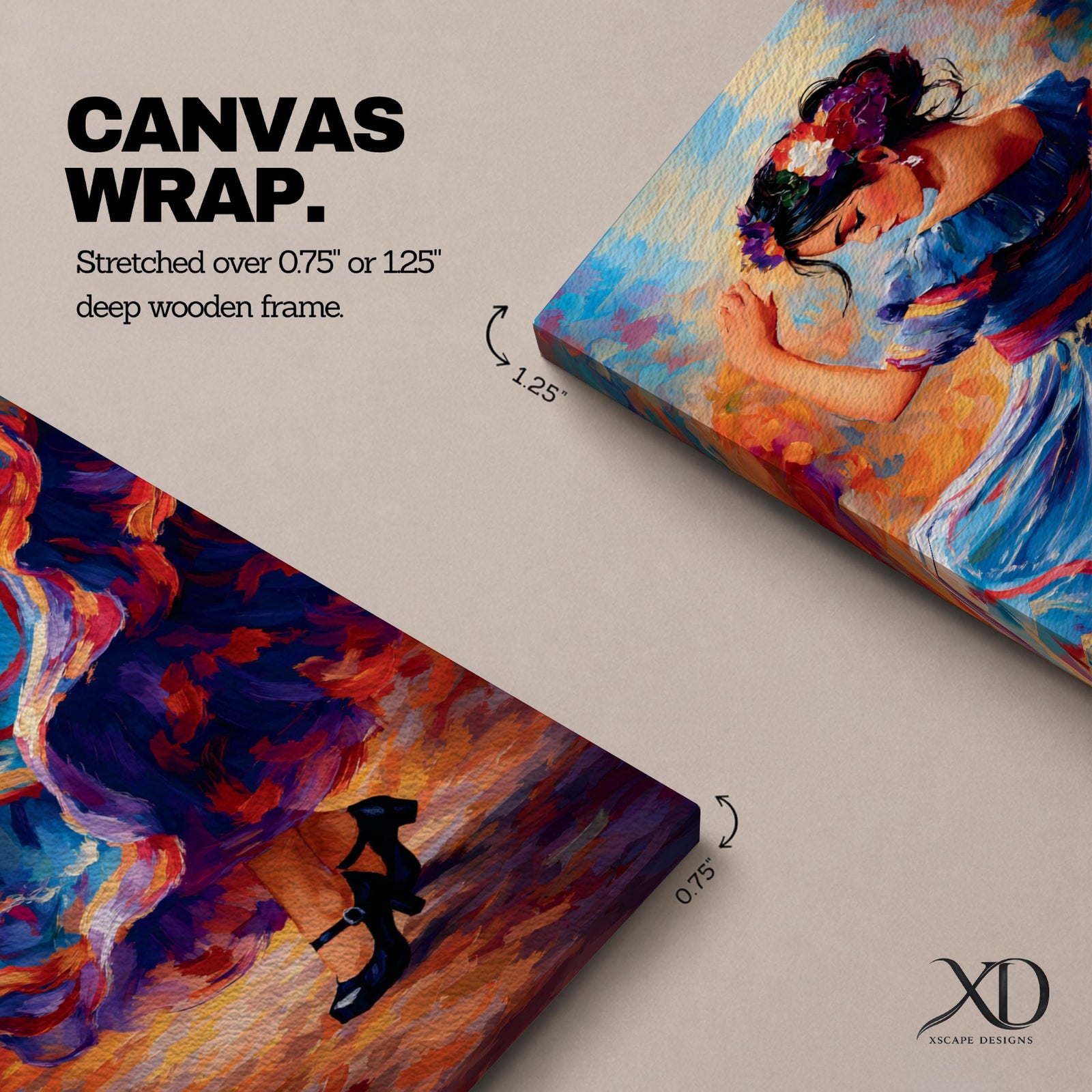 A tall narrow vertical depiction of a flamenco dancer mid movement, wearing a flowing blue dress with layered ruffles that swirl outward, her arm raised gracefully and head turned downward, rendered with expressive brushwork and rich warm tones that create motion, rhythm, and a dynamic sense of dance.