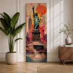 A tall narrow vertical depiction of the Statue of Liberty standing above a stylized New York skyline, with the Empire State Building behind and a bold abstract background featuring a large red sun and layered geometric textures, creating a dynamic composition with strong contrast, depth, and urban energy.