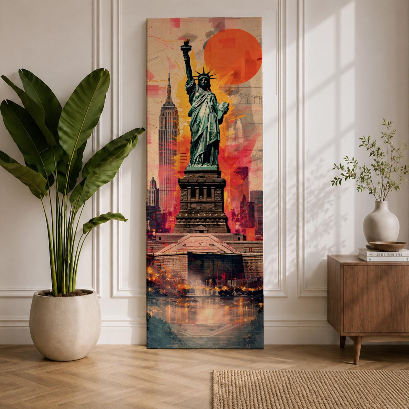 A tall narrow vertical depiction of the Statue of Liberty standing above a stylized New York skyline, with the Empire State Building behind and a bold abstract background featuring a large red sun and layered geometric textures, creating a dynamic composition with strong contrast, depth, and urban energy.