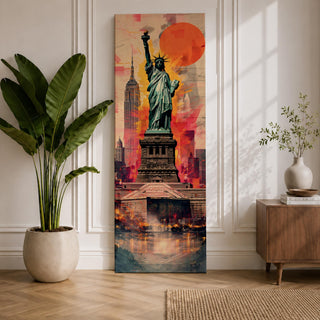 A tall narrow vertical depiction of the Statue of Liberty standing above a stylized New York skyline, with the Empire State Building behind and a bold abstract background featuring a large red sun and layered geometric textures, creating a dynamic composition with strong contrast, depth, and urban energy.