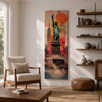 A tall narrow vertical depiction of the Statue of Liberty standing above a stylized New York skyline, with the Empire State Building behind and a bold abstract background featuring a large red sun and layered geometric textures, creating a dynamic composition with strong contrast, depth, and urban energy.