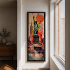 A tall narrow vertical depiction of the Statue of Liberty standing above a stylized New York skyline, with the Empire State Building behind and a bold abstract background featuring a large red sun and layered geometric textures, creating a dynamic composition with strong contrast, depth, and urban energy.
