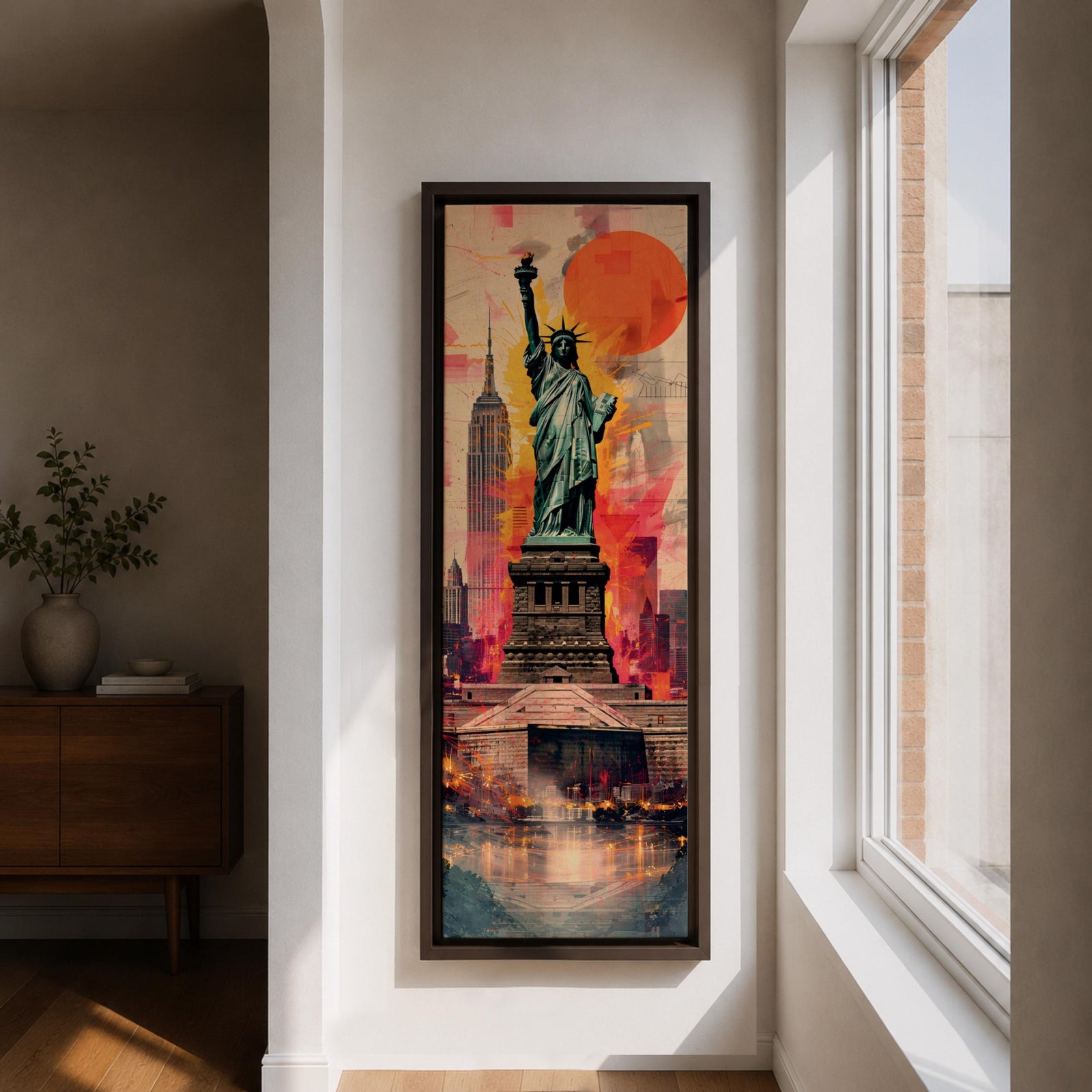 A tall narrow vertical depiction of the Statue of Liberty standing above a stylized New York skyline, with the Empire State Building behind and a bold abstract background featuring a large red sun and layered geometric textures, creating a dynamic composition with strong contrast, depth, and urban energy.
