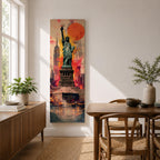 A tall narrow vertical depiction of the Statue of Liberty standing above a stylized New York skyline, with the Empire State Building behind and a bold abstract background featuring a large red sun and layered geometric textures, creating a dynamic composition with strong contrast, depth, and urban energy.