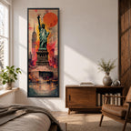 A tall narrow vertical depiction of the Statue of Liberty standing above a stylized New York skyline, with the Empire State Building behind and a bold abstract background featuring a large red sun and layered geometric textures, creating a dynamic composition with strong contrast, depth, and urban energy.