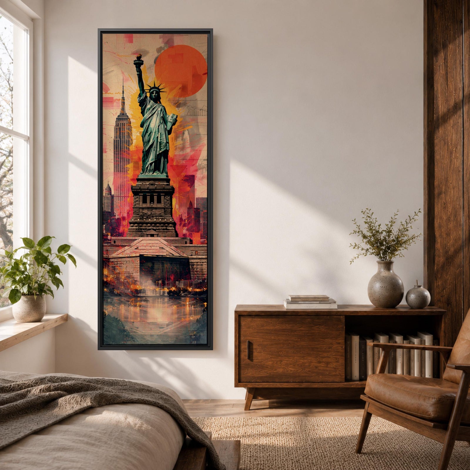 A tall narrow vertical depiction of the Statue of Liberty standing above a stylized New York skyline, with the Empire State Building behind and a bold abstract background featuring a large red sun and layered geometric textures, creating a dynamic composition with strong contrast, depth, and urban energy.