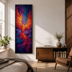 A tall vertical painting depicts a vibrant phoenix with wings fully extended, rendered in bold flowing strokes of fiery orange, red, and gold blending into deep purples and blues, its elongated tail cascading downward in fluid motion, creating a dynamic abstract firebird rising with intense color contrast and expressive texture.