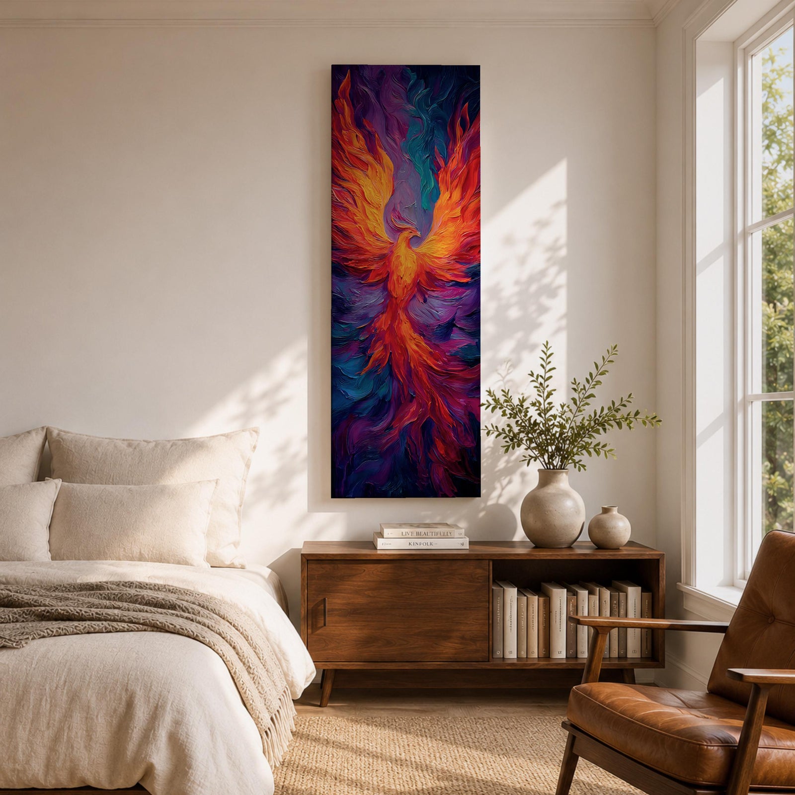 A tall vertical painting depicts a vibrant phoenix with wings fully extended, rendered in bold flowing strokes of fiery orange, red, and gold blending into deep purples and blues, its elongated tail cascading downward in fluid motion, creating a dynamic abstract firebird rising with intense color contrast and expressive texture.