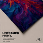 A tall vertical painting depicts a vibrant phoenix with wings fully extended, rendered in bold flowing strokes of fiery orange, red, and gold blending into deep purples and blues, its elongated tail cascading downward in fluid motion, creating a dynamic abstract firebird rising with intense color contrast and expressive texture.