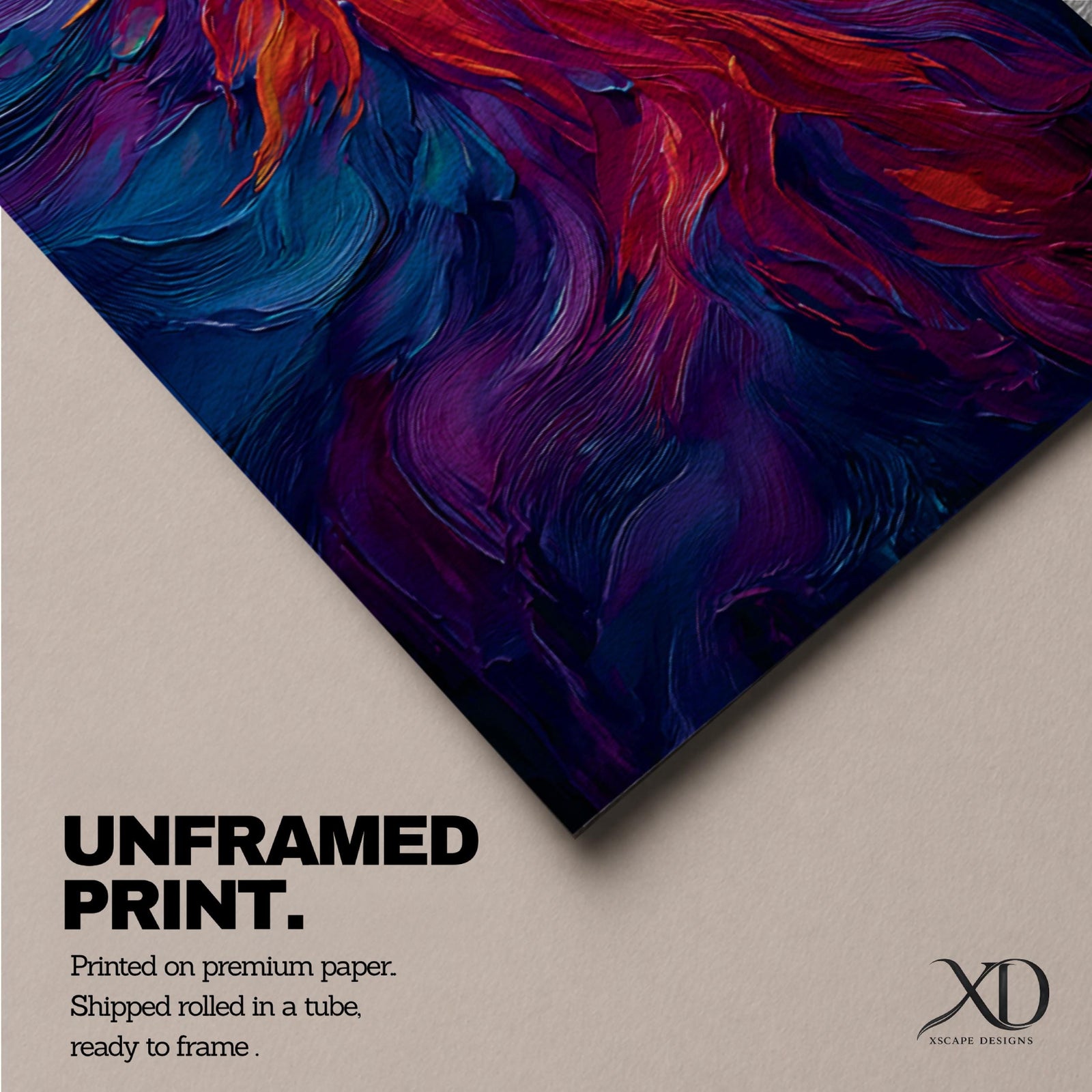 A tall vertical painting depicts a vibrant phoenix with wings fully extended, rendered in bold flowing strokes of fiery orange, red, and gold blending into deep purples and blues, its elongated tail cascading downward in fluid motion, creating a dynamic abstract firebird rising with intense color contrast and expressive texture.
