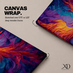 A tall vertical painting depicts a vibrant phoenix with wings fully extended, rendered in bold flowing strokes of fiery orange, red, and gold blending into deep purples and blues, its elongated tail cascading downward in fluid motion, creating a dynamic abstract firebird rising with intense color contrast and expressive texture.