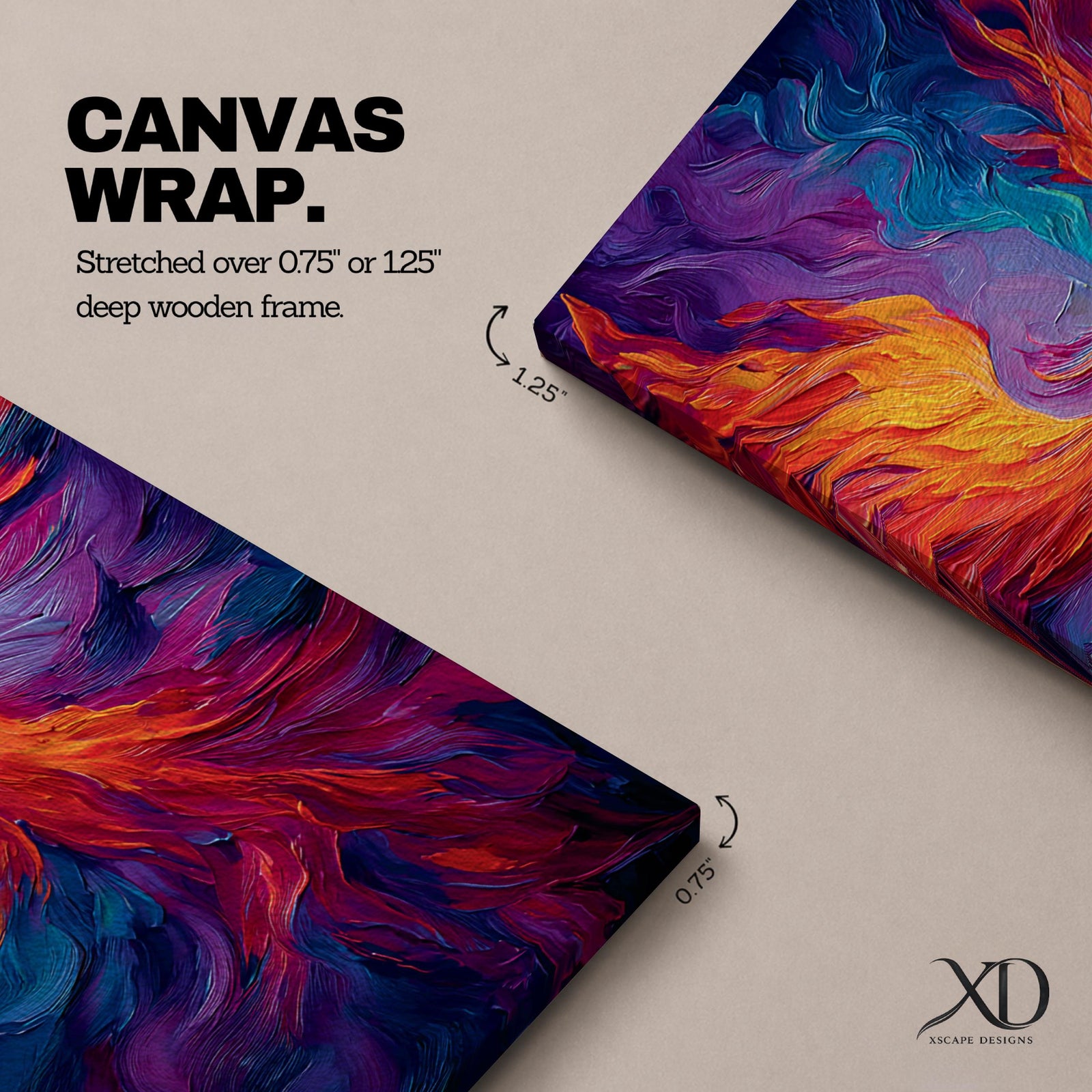 A tall vertical painting depicts a vibrant phoenix with wings fully extended, rendered in bold flowing strokes of fiery orange, red, and gold blending into deep purples and blues, its elongated tail cascading downward in fluid motion, creating a dynamic abstract firebird rising with intense color contrast and expressive texture.